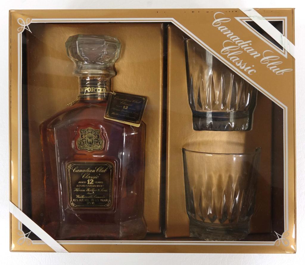 Canadian Club 12 Year Gift Box Whisky: IF YOU MAY NEED SHIPPING YOU MUST SPEAK WITH IAN BEFORE BIDDING ON BOTTLES. With 2 glasses.
