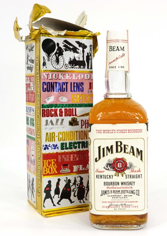 Jim Beam Bourbon Whiskey Bottle: IF YOU MAY NEED SHIPPING YOU MUST SPEAK WITH IAN BEFORE BIDDING ON BOTTLES. 1969 James Beam Distillery. 86 proof, full, sealed. 4/5 quart, with box.