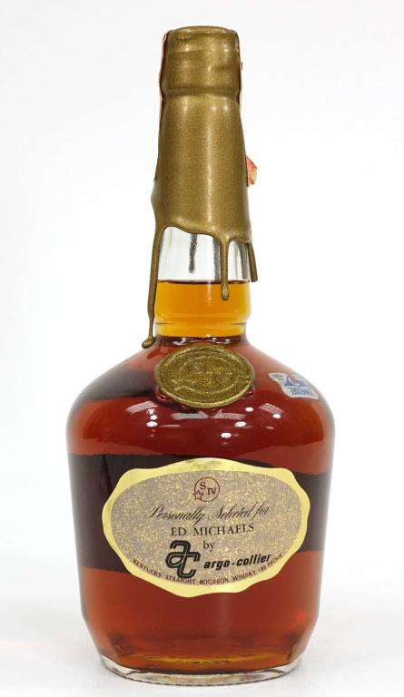 1964 Maker's Mark Bourbon Whisky Bottle: IF YOU MAY NEED SHIPPING YOU MUST SPEAK WITH IAN BEFORE BIDDING ON BOTTLES. Made for Ed Michaels. Argo-Collier. Tennessee tax strip. 86 proof, full, sealed. Maker's Mark Distillery.