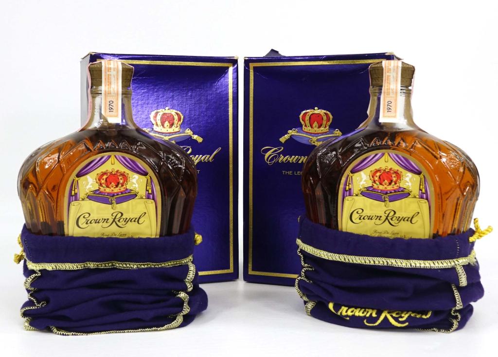 1970 Crown Royal (Set of 2) Whisky Bottles: IF YOU MAY NEED SHIPPING YOU MUST SPEAK WITH IAN BEFORE BIDDING ON BOTTLES. Crown Royal 750 ml, 80 proof, sealed, full, with box and bag (clean). Crown Royal, 80 proof, 750 ml, sealed, full, with bag 