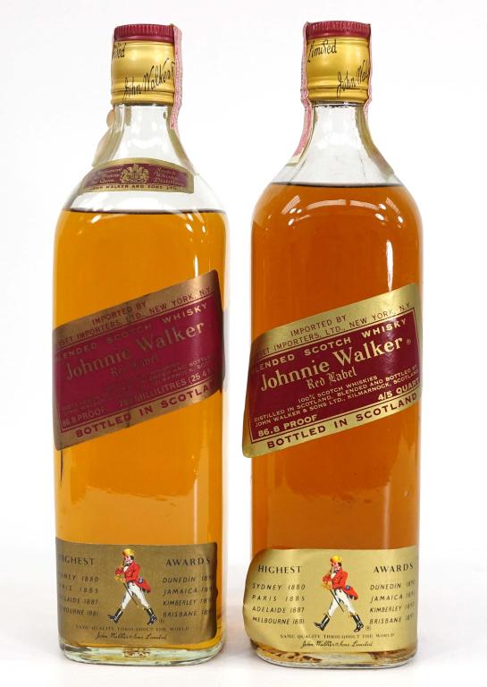 2 Vintage Johnnie Walker Red Label Bottles: IF YOU MAY NEED SHIPPING YOU MUST SPEAK WITH IAN BEFORE BIDDING ON BOTTLES. Scotch whiskey bottles. Both are sealed. Good fill and great fill. 86.8 proof. 4/5 quart & 750 ml.