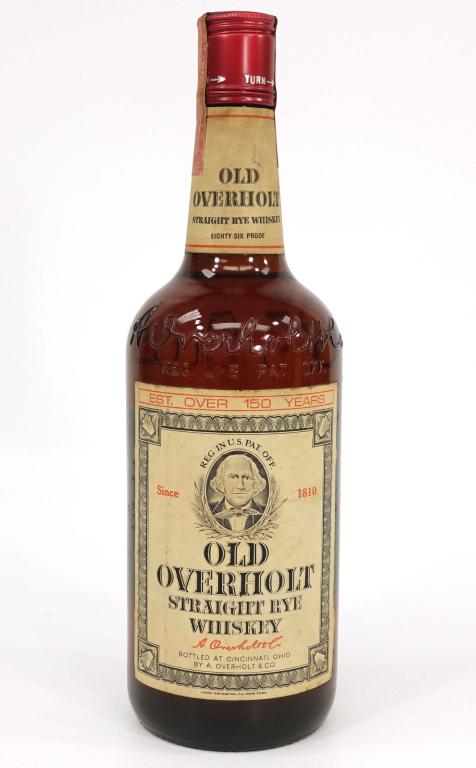 1971 Old Overholt Straight Rye Whiskey Bottle: IF YOU MAY NEED SHIPPING YOU MUST SPEAK WITH IAN BEFORE BIDDING ON BOTTLES. Sealed. Bottled by A. Overholt & Co. Cincinnati Ohio. 86 proof. 4/5 quart.
