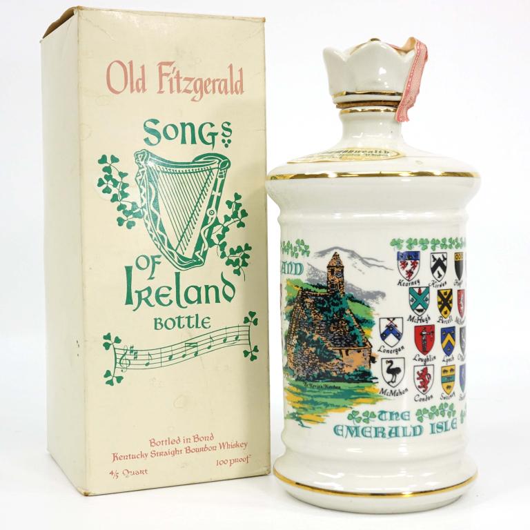Old Fitzgerald Songs of Ireland Bottle: IF YOU MAY NEED SHIPPING YOU MUST SPEAK WITH IAN BEFORE BIDDING ON BOTTLES. Broken cork, with box. 100 proof.
