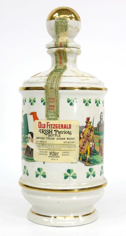 Old Fitzgerald Irish Patriots Bottle: IF YOU MAY NEED SHIPPING YOU MUST SPEAK WITH IAN BEFORE BIDDING ON BOTTLES. 1971. With tax strip, but broken cork. 100 proof.