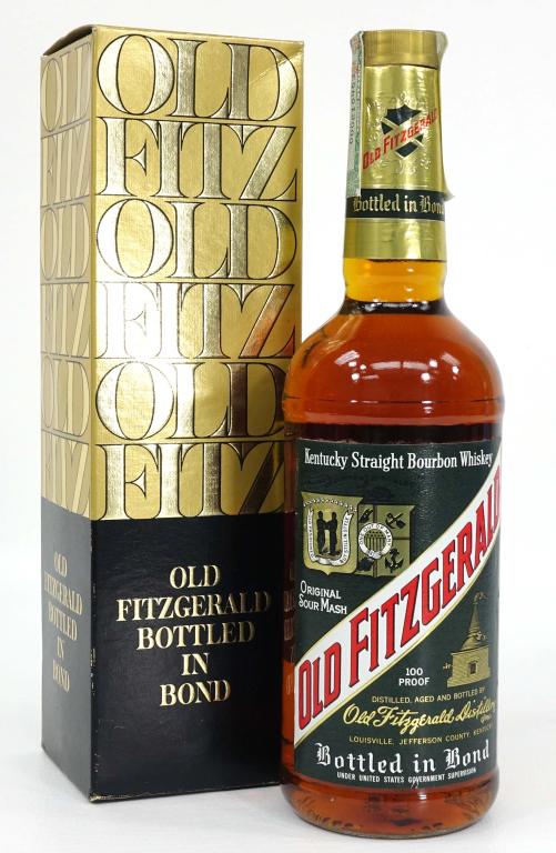 1978 Bonded Old Fitzgerald Bourbon Whiskey Bottle: Bottled in Bond, 100 proof. Distilled Fall1972, bottled Fall, 1978. Sealed. Fill is above bottom of neck label. (With black over gold box).
