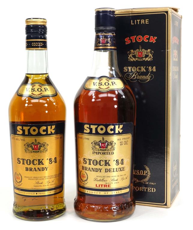 2 Stock '84 Brandy Bottles VSOP: IF YOU MAY NEED SHIPPING YOU MUST SPEAK WITH IAN BEFORE BIDDING ON BOTTLES. 1 with box. 80 proof, 2 x 750 ml.