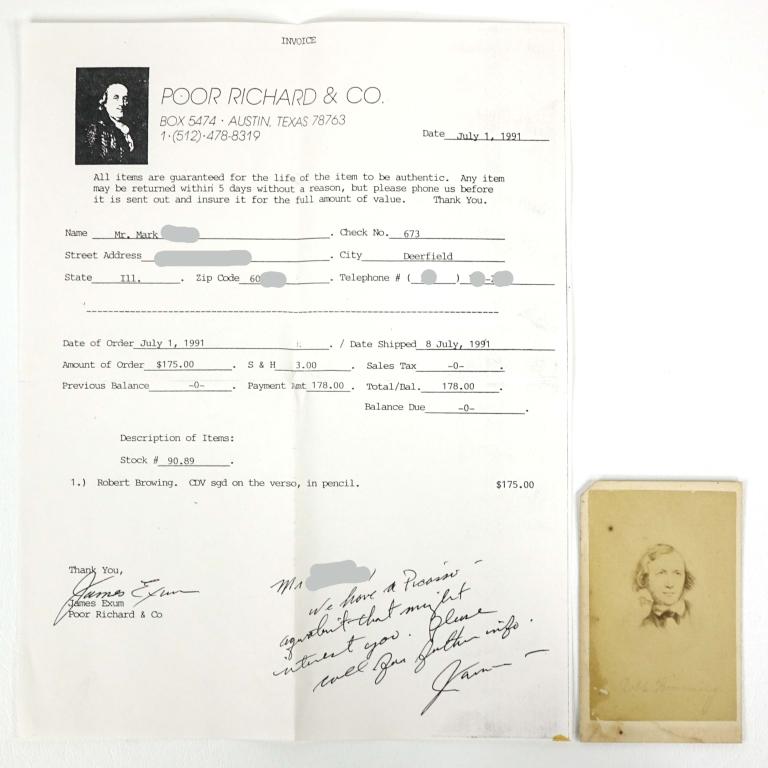Robert Browning Autographed CdV: Robert Browning autographed carte de visite. English poet and playwright. 2 3/16 x 3 1/2" Includes 1991 receipt of purchase from Poor Richard & Co of Austin, Tx. ** Lot 14 makes the following guarante