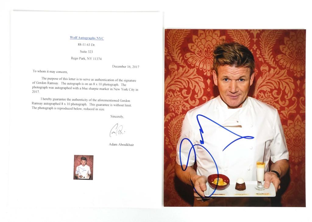 Gordon Ramsay Autographed Photo: Gordon Ramsay signed color 8 x 10" autographed photo. Includes 2017 purchase receipt from Wolf Autographs NYC. ** Lot 14 makes the following guarantee: If either Professional Sports Authenticator (PSA