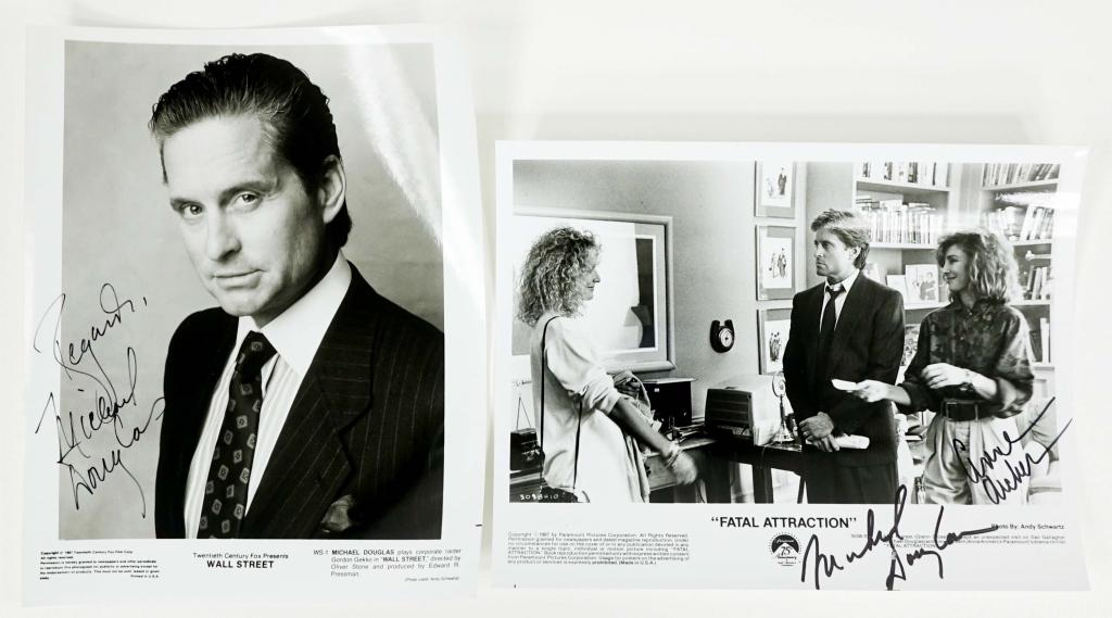 Michael Douglas & Anne Archer Autographs: Michael Douglas signed 8 x 10" black and white "Wall Street" publicity photo. Also, a Michael Douglas and Anne Archer double signed 8 x 10" black and white "Fatal Attraction" publicity photo. ** Lot 1