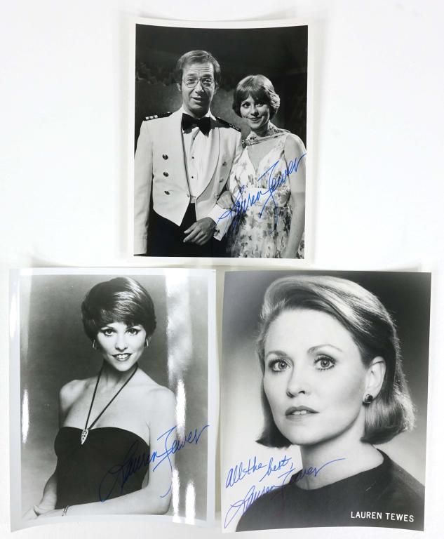Lauren Tewes Autographs: 2 Lauren Tewes signed 8 x 10" black and white photos. Also a Lauren Tewes signed 7 x 9" photo with ABC Network photo release tag on back regarding "The Love Boat". ** Lot 14 makes the following guaran