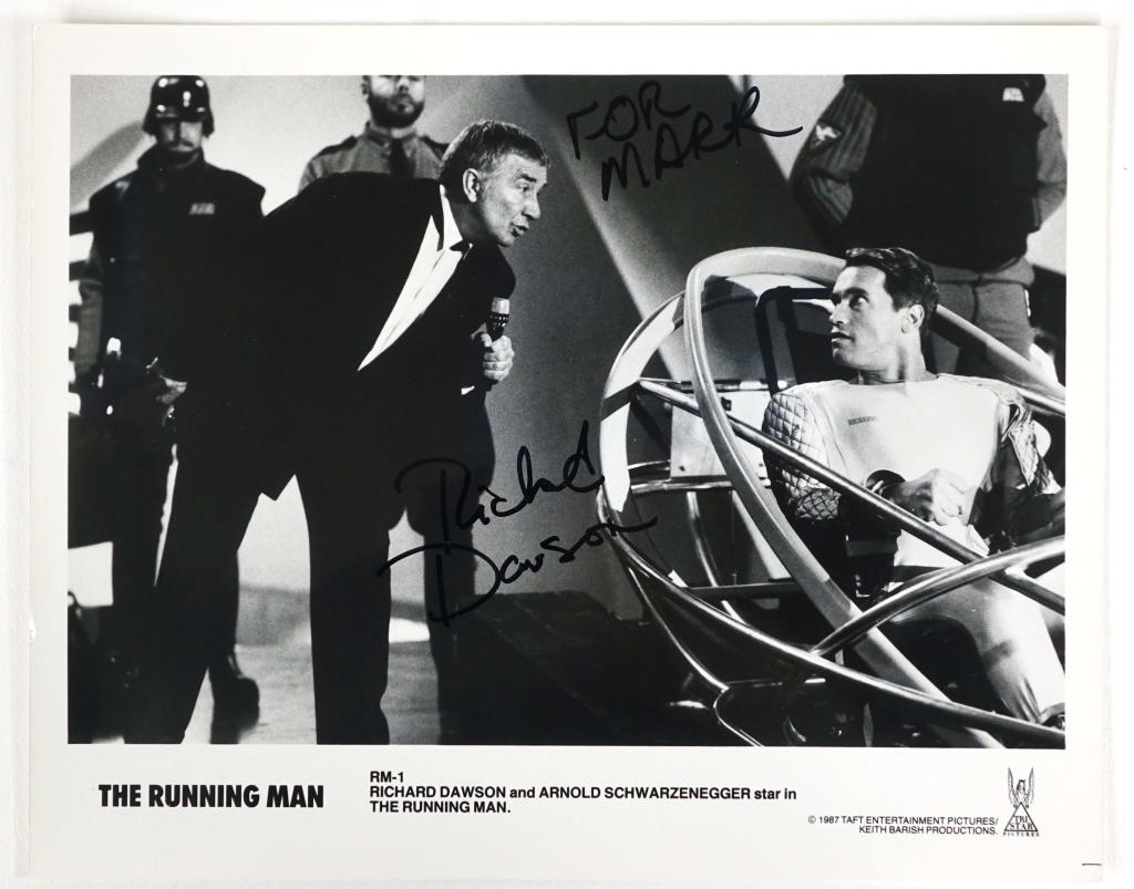 Richard Dawson Autograph: Richard Dawson signed 8 x 10" black and white publicity picture for the film "The Running Man". ** Lot 14 makes the following guarantee: If either Professional Sports Authenticator (PSA) or Beckett Gl