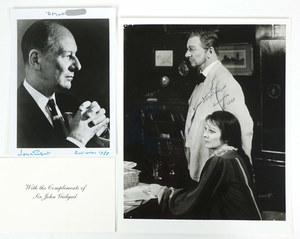 Sir John Gielgud Autographs: John Gielgud signed 8 x 10" black and white picture and 4 x 7" black and white signed photo. Also includes a 5 5/8 x 3 1/2" card "With the Compliments of Sir John Gielgud". ** Lot 14 makes the followi