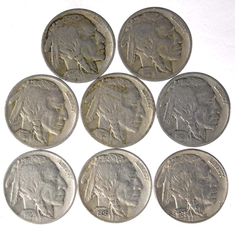 Buffalo Nickels - Full Date, 1 AU? (8): 8 Buffalo nickels, all with full date: 1915, 1919, 1920, 1923, 1924, 1929-s, 1936-d, and 1938-d (consigner reported as AU). ***Lot 14 is NOT a coin grading service. We include consigner reports of coi