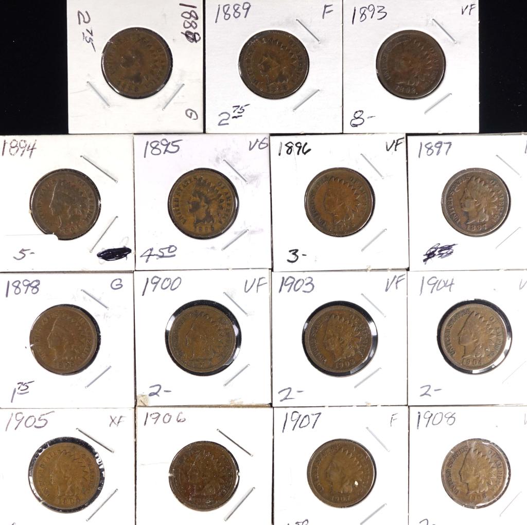 Indian Head Cents (15): 15 Indian Head pennies: 1888, 1889, 1893, 1894, 1895, 1896, 1897, 1898, 1900, 1903, 1904, 1905, 1906, 1907, 1908.