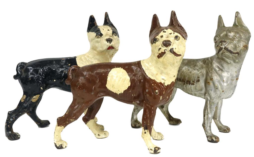 Three Cast Iron Hubley Boston Terrier Doorstops: 3 Original Set of Boston Terrier Doorstops. Rare find. 9.5" x 9 3/4".