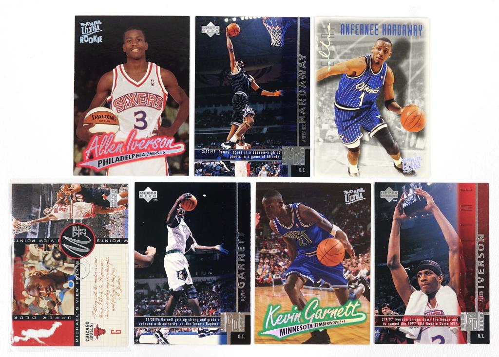 (7) Vintage Basketball Cards: (7) Vintage Basketball Cards. Includes 1997-1998 Upper Deck Michael Jordan, (2) Allen Iverson (Rookie Card), (2) Penny Hardaway & (2) Kevin Garnett Cards.