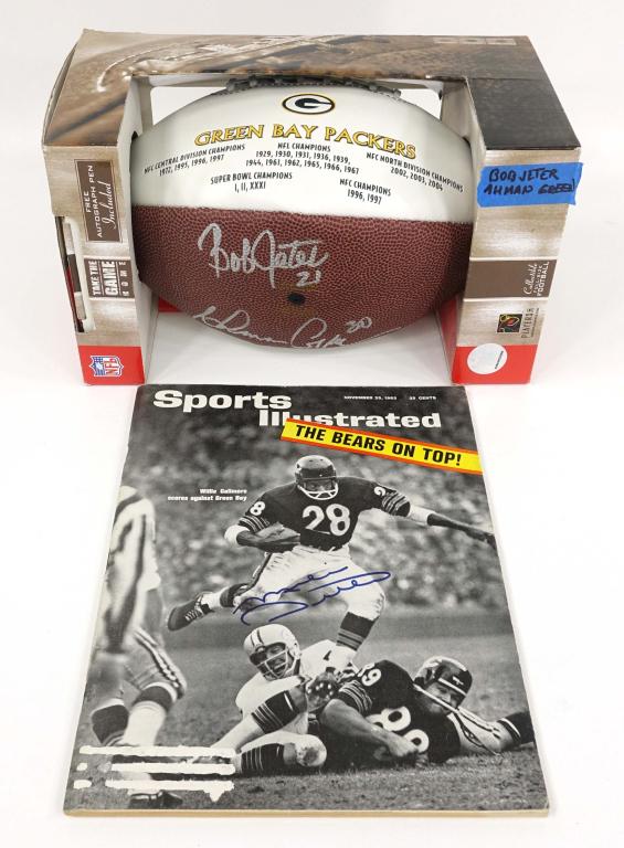 Bears & Packers Signed Memorabilia: Bears & Packers Signed Memorabilia. Includes an issue of Sports Illustrated signed by Mike Ditka of the Chicago Bears & a football signed by Bob Jeter & Ahmad Green from the Green Bay Packers.