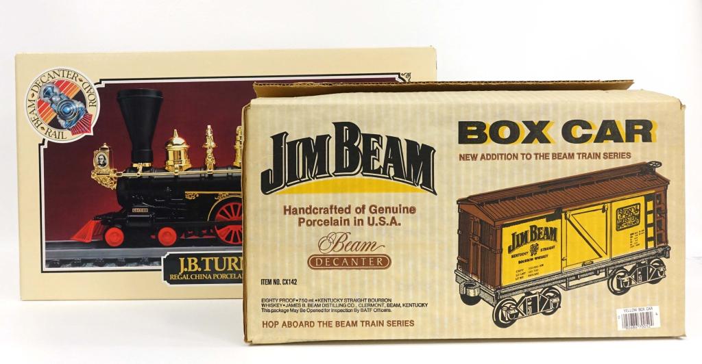 2 Jim Beam Train Decanters: IF YOU MAY NEED SHIPPING YOU MUST SPEAK WITH IAN BEFORE BIDDING ON BOTTLES. 2 Jim Beam Train Decanters. Includes a Jim Beam Kentucky Straight Bourbon Whiskey Box Car Decanter (80 Proof, 750ml) & The J