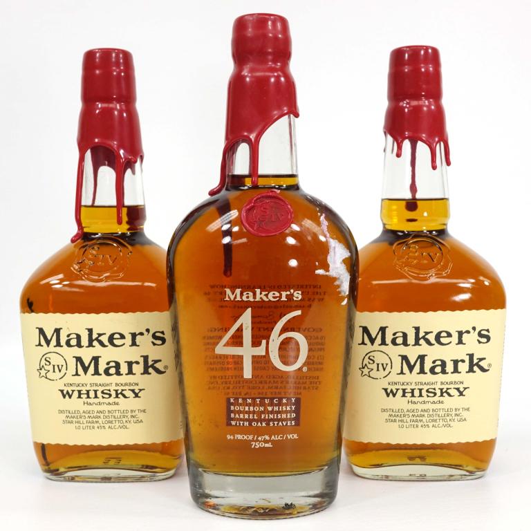 Maker's 46 & 2 Maker's Mark Bottles: IF YOU MAY NEED SHIPPING YOU MUST SPEAK WITH IAN BEFORE BIDDING ON BOTTLES. Maker's 46: 94 proof, 750 ml. 2x Maker's Mark: 90 proof, 750 ml.
