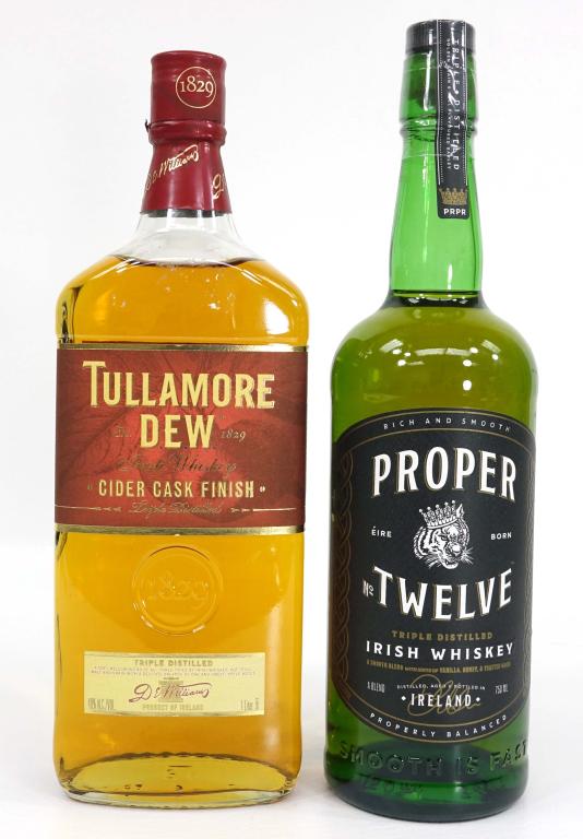 Proper No. Twelve & Tullamore Dew Whiskey Bottles: IF YOU MAY NEED SHIPPING YOU MUST SPEAK WITH IAN BEFORE BIDDING ON BOTTLES. Irish Whiskey Bottles. Proper No. 12, 80 proof, 750 ml. Tullamore Dew, 80 proof, 1L.