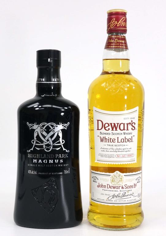Highland Park & Dewar's Scotch Whiskey Bottles: IF YOU MAY NEED SHIPPING YOU MUST SPEAK WITH IAN BEFORE BIDDING ON BOTTLES. Highland Park Magnus: 40%, 750 ml. Dewar's White Label: 40 proof, 1L.