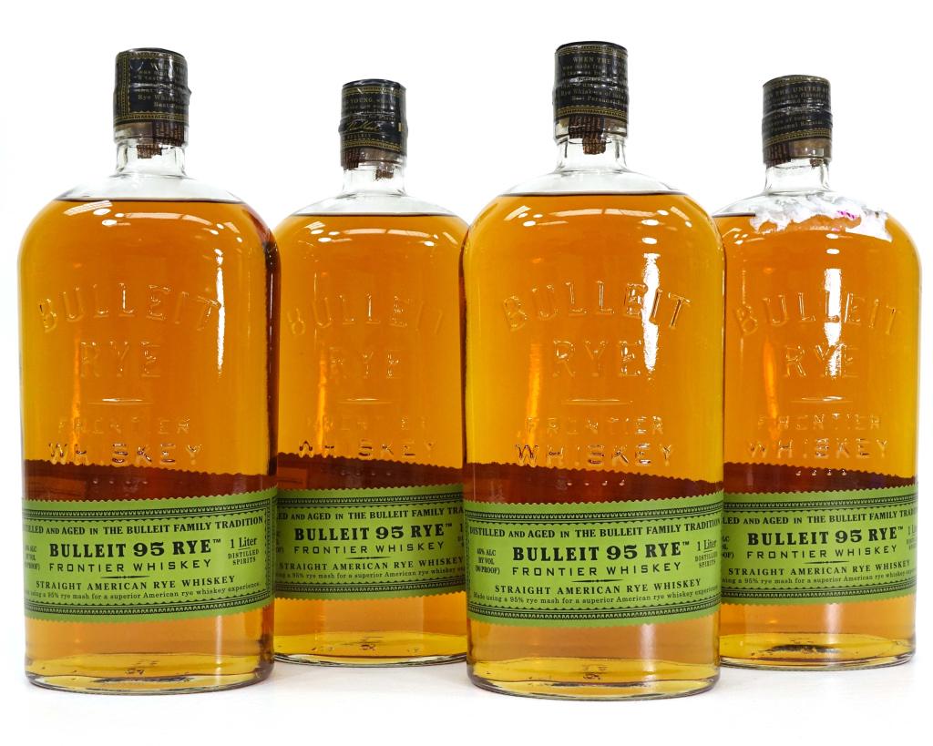 4 Bulleit 95 Rye Bottles: IF YOU MAY NEED SHIPPING YOU MUST SPEAK WITH IAN BEFORE BIDDING ON BOTTLES. Straight American Rye Whiskey. 90 proof, 1L.