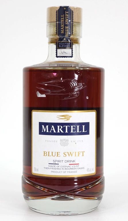 Martell Blue Swift BSOP Cognac Bottle: IF YOU MAY NEED SHIPPING YOU MUST SPEAK WITH IAN BEFORE BIDDING ON BOTTLES. 40% alcohol, 750 ml.