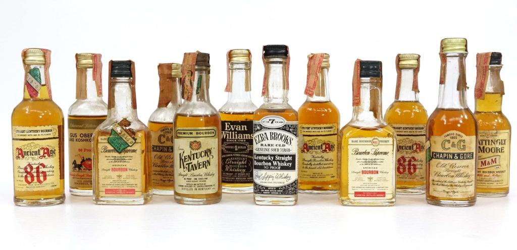 12 Mini Bottles: IF YOU MAY NEED SHIPPING YOU MUST SPEAK WITH IAN BEFORE BIDDING ON BOTTLES. 2 Chapin & Gore, 2 Ancient Age, Ezra Brooks, 2 Bourbon Supreme, Kennedy Tavern, Evan Williams, Mattingly & Moore, Gus Oberg'