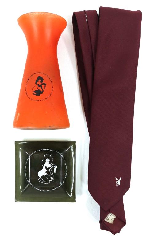 Playboy Lot - Vintage Branded Tie, Ashtray, Candle: Tie, ashtray, and orange candle holder.