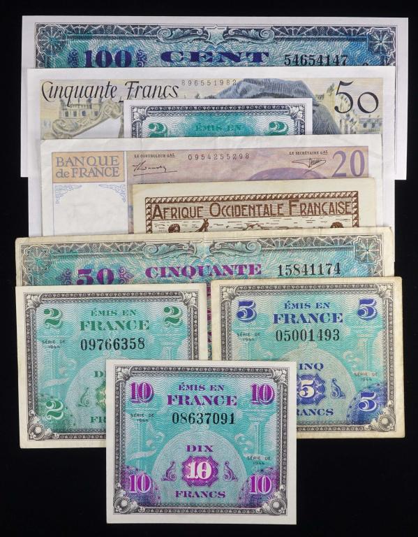 France Banknotes: 1944 notes and 1944 French West Africa 1 Franc