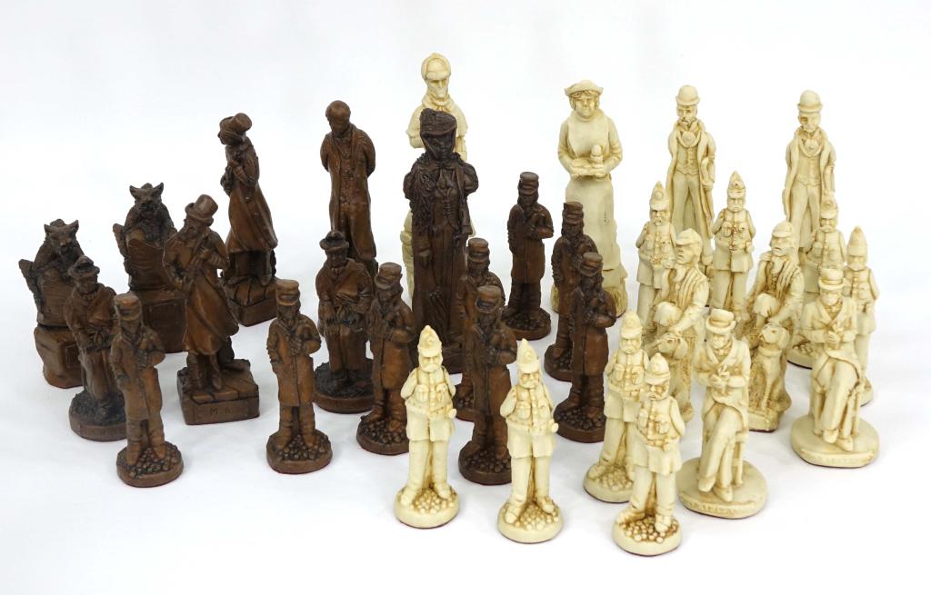 Sherlock Holmes Chess Set: Reconstituted marble with felt bottoms on each piece. Set is complete.