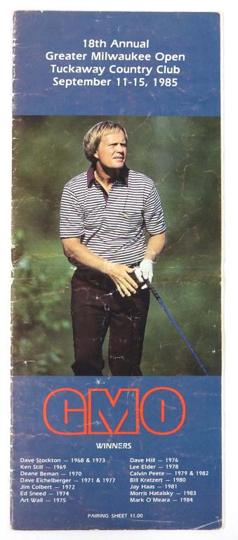 Nicklaus/Twiggs Signed Pairing Sheet: Jack Nicklaus, Grey Twiggs, signed 1985 Greater Milwaukee Open pairing sheet. 4 1/2 x 11". Signed inside cover.