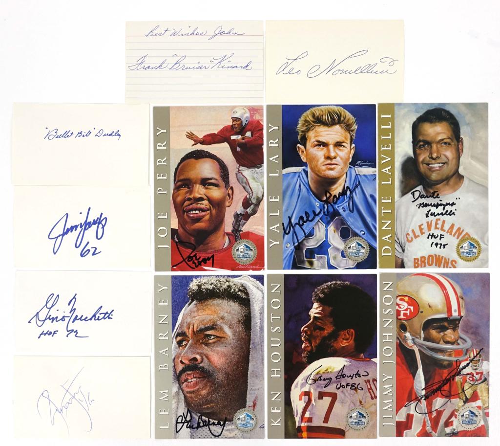 Collection Of NFL Hall Of Fame Autographs (12): Collection Of NFL Hall Of Fame Autographs (12). Includes Yale Lary, Dante Lavelli, Gino Marchetti, Jim Langer, "Bullet" Bill Dudley, Frank "Bruiser" Kinard, Leo Nomellini, Ronnie Lott, Joe Perry, Lem 