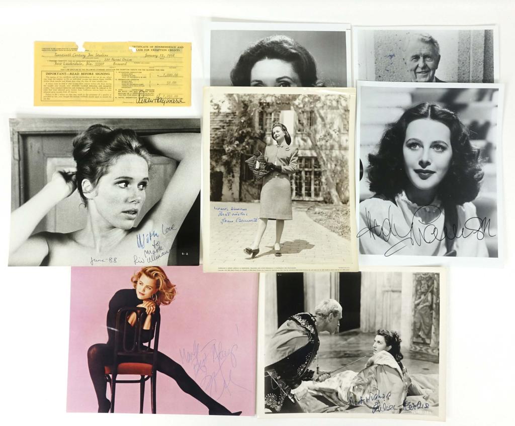 Large Autograph Lot: Hedy Lamarr, S. Hayward...: 8 x 10" black and white pictures signed by: Eileen Herlie, Ralph Bellamy, Joan Bennett, Elinor Donahue, Liv Ullman, Hedy Lamarr. Susan Hayward signed tax slip. 1 unknown signed 8 x 10" color picture. 