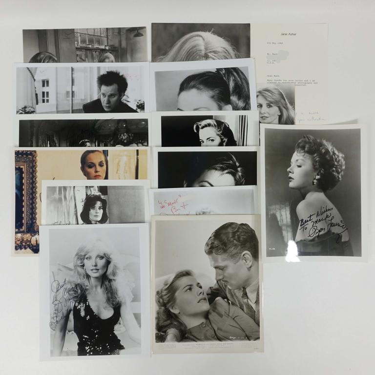 Large Autograph Lot: Sellers, Heston, Fairchild...: Signed 8 x 10" black and white pictures: Charlton Heston, Evelyn Hayes, Piper Laurie, Morgan Fairchild, Sarah Miles ("Term of Trial" publicity picture), Peter Sellers (King Lear publicity picture), Sa