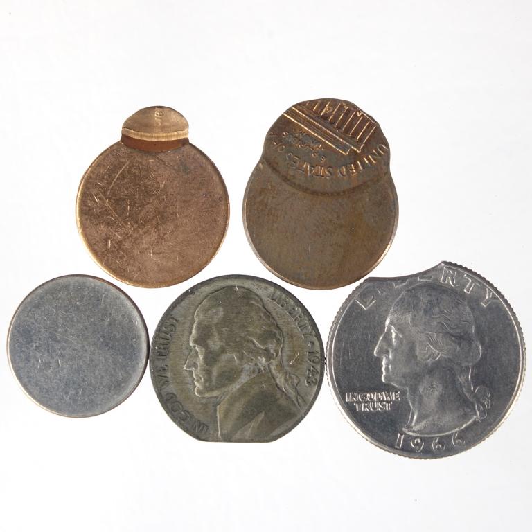 Error Coin Lot (5): 5 error coins: 1943-P silver war nickel (clipped), (2) off-center BU Lincoln cents, Dime planchet (blank), 1966 Washington quarter, BU, clipped. ***Lot 14 is NOT a coin grading service. We include con