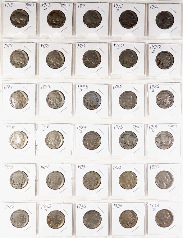 Buffalo Nickels - Earlier Dates (30): 30 Buffalo nickels: 1913 [Type 1] (x2), 1913-d [Type 1], (x2), 1914, 1915-d, 1916 (x2), 1917 (x2), 1918, 1919 (x2), 1920-d, 1920-s, 1921, 1923, 1923-s, 1924, 1925 (x2), 1925-s, 1926, 1927, 1928-s, 192