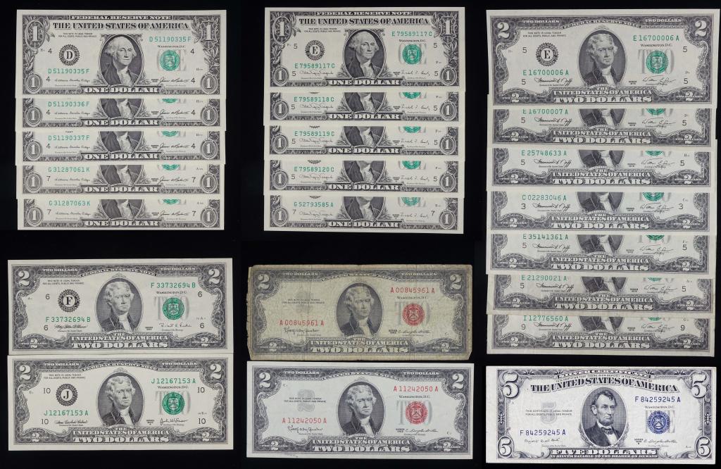 Currency Lot ($37 Face Value): Currency lot includes $5 silver certificate, Crisp 1985 Federal Reserve Note, crisp 1998A Federal Reserve Note, and 11 assorted $2 notes.