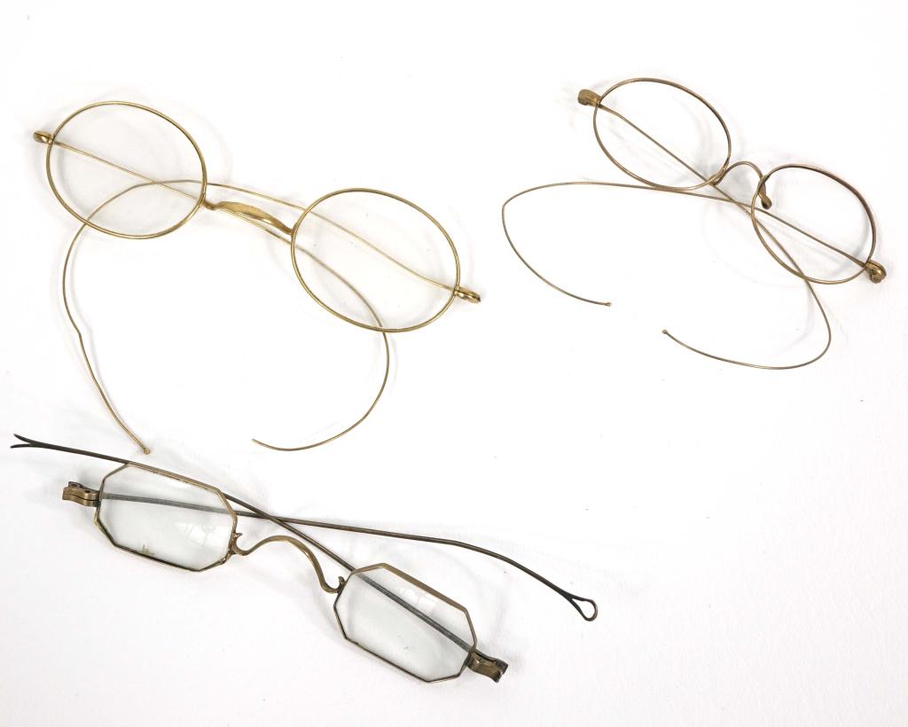 (3) Pairs of Antique Glasses: Stevens Co., gold color.