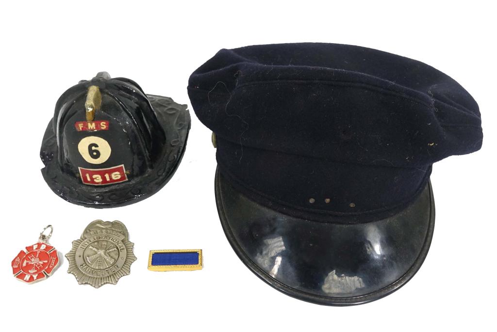 Fire Department Hat & More: Fire Department hat with badges, pins, and chalk helmet.