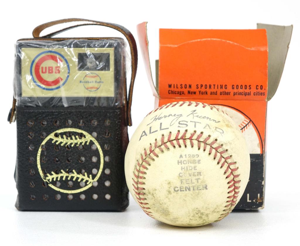 Harvey Kuenn Baseball & Cubs Radio: Harvey Kuenn baseball, with box. Vintage Cubs logo transistor radio. We do not have a 9 volt battery to test the radio, but we took the radio out of the plastic it was wrapped in, and opened the back.