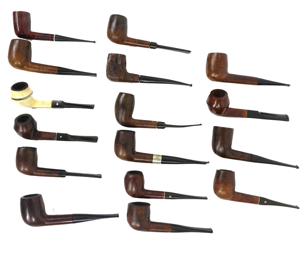 Pipes (16) CORRECTED 1/28: All brown unless noted. (4) Amphora, Peterson Shamrock, Kaywoodie Flame Grain, Custom-Bilt (?) Imported Briar, (3) Wally Frank, Yello-Bole Imperial, Kaywoodie (white), Custom-made Breezewood, Drinkles