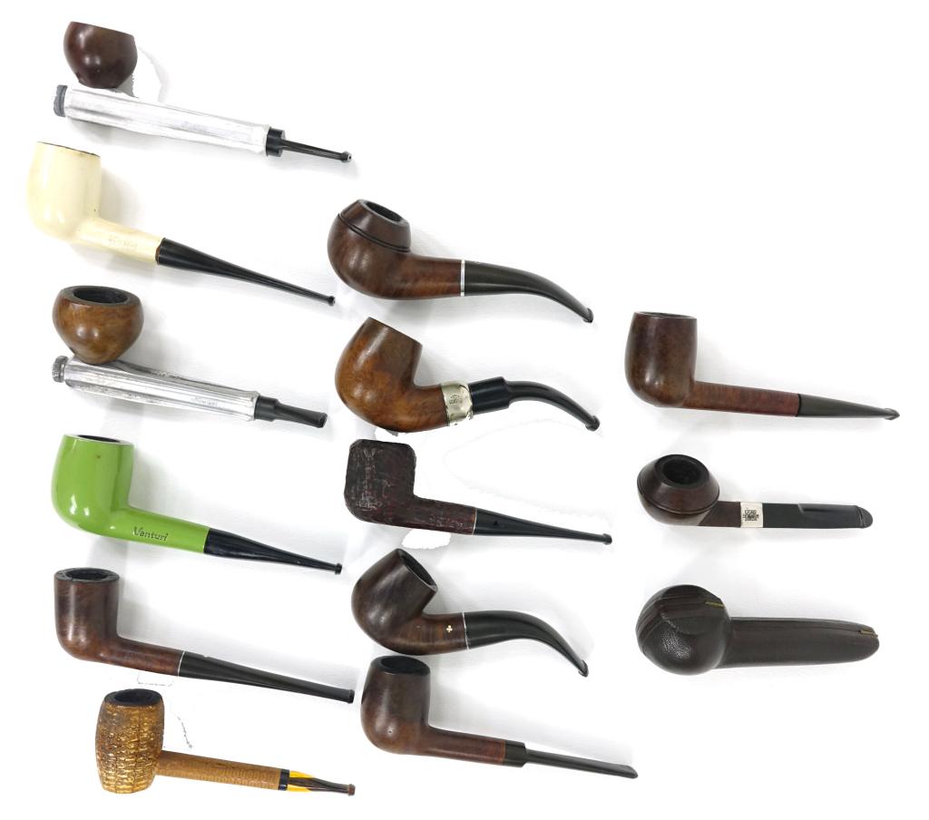 Pipes (14) (CORRECTED, 1/28): All brown unless noted. Cellini (mouthpiece is loose), Kaywoodie, Llinkman's, Amphora, Kaywoodie, (2) Kirsten (metal, silver and brown), Aged Bruyere (8717), Venturi (green), Kaywoodie White Briar (wh