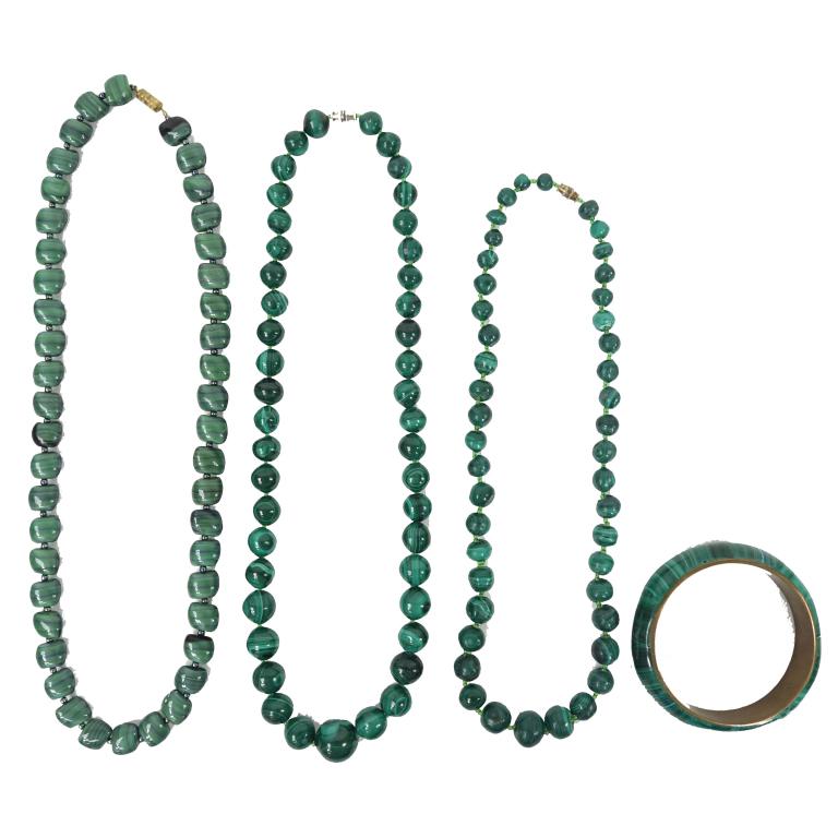 3 Malachite Necklaces & 1 Bracelet.: 2 1/2" diameter cuff bracelet. 20", 22" & 22" necklaces.