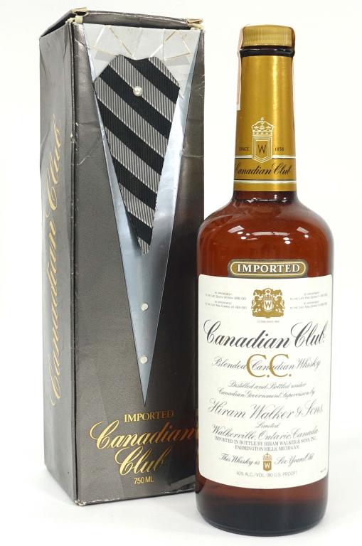 1983 Canadian Club Whiskey Bottle: IF YOU MAY NEED SHIPPING YOU MUST SPEAK WITH IAN BEFORE BIDDING ON BOTTLES. 6 years old, with box. Sealed. 80 proof. 750 ml.
