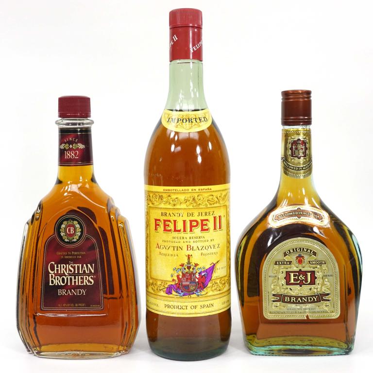 3 Brandy Bottles: IF YOU MAY NEED SHIPPING YOU MUST SPEAK WITH IAN BEFORE BIDDING ON BOTTLES. E & J (40%, 750 ml), sealed. Christian Bros. (sealed) , Jerez-Felipe II Spanish Brandy (40%, 1L), sealed.