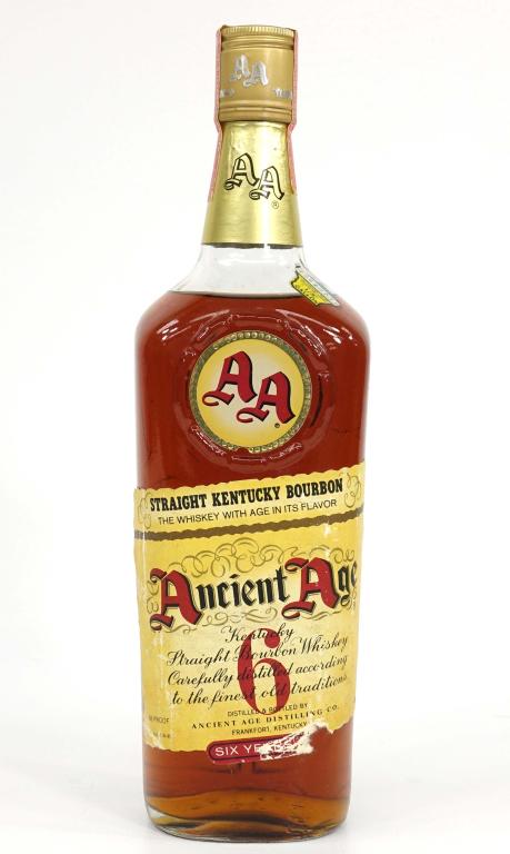 1969 Ancient Age Kentucky Bourbon Whiskey: IF YOU MAY NEED SHIPPING YOU MUST SPEAK WITH IAN BEFORE BIDDING ON BOTTLES. 6-year, 4/5 quart, sealed, good fill level, 86 proof. Ancient Age Distillery.