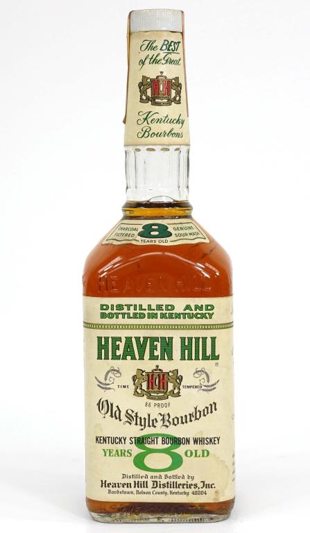 1970 Heaven Hill Bourbon Whiskey: IF YOU MAY NEED SHIPPING YOU MUST SPEAK WITH IAN BEFORE BIDDING ON BOTTLES. Kentucky Straight Bourbon Whiskey. Sealed, great fill, 8-year old. Heaven Hill Distilleries. 86 proof, 4/5 quart.