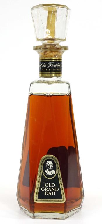 1961-1966 Old Grand Dad Bourbon Whiskey: IF YOU MAY NEED SHIPPING YOU MUST SPEAK WITH IAN BEFORE BIDDING ON BOTTLES. Kentucky Straight Bourbon Whiskey. Sealed, good fill. National Distillers Products Co., 4/5 quart. Bottled in Bond. 100 proo