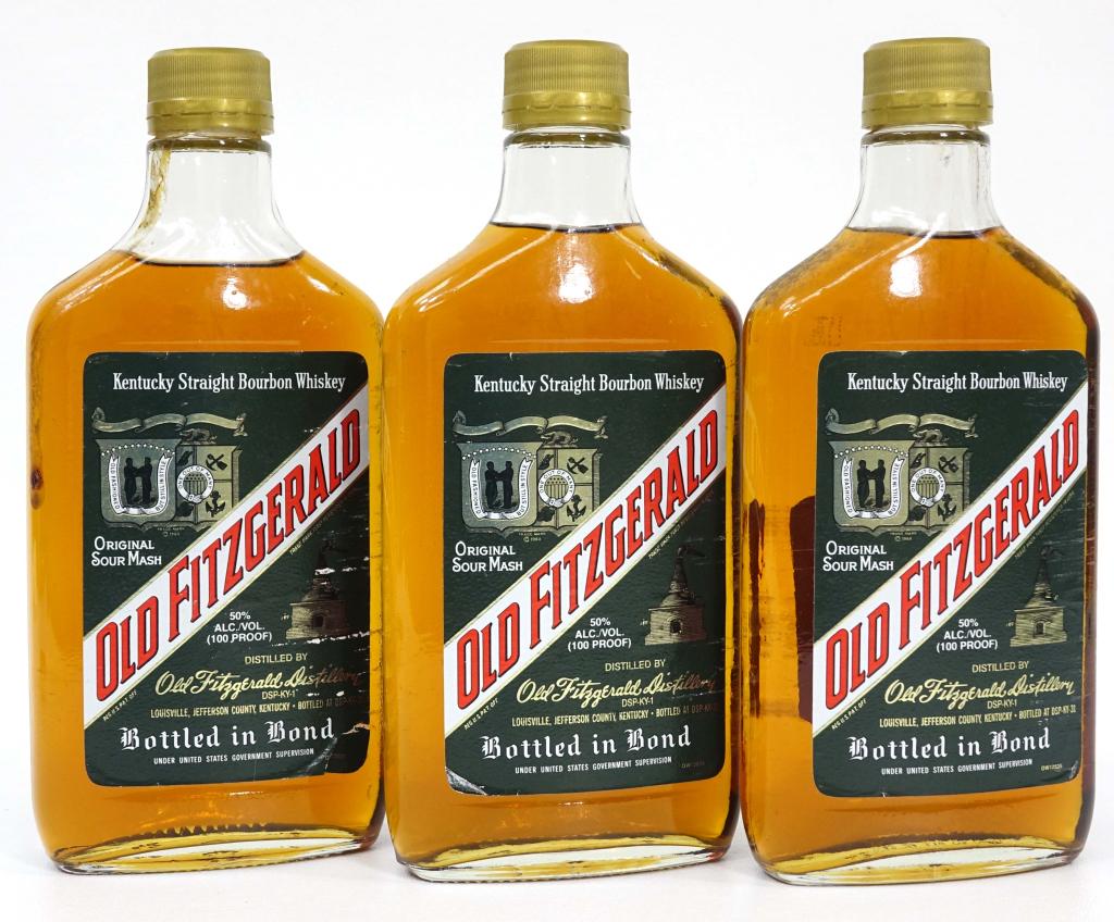 Old Fitzgerald- Bottled in Bond (3) Bottles: ***IF YOU MAY NEED SHIPPING PLEASE GIVE US A CALL AT 847-625-0555 BEFORE BIDDING ON BOTTLES!*** Bottles: Old Fitzgerald Bourbon Whiskey (3). 375 ml, 100 proof, and sealed.